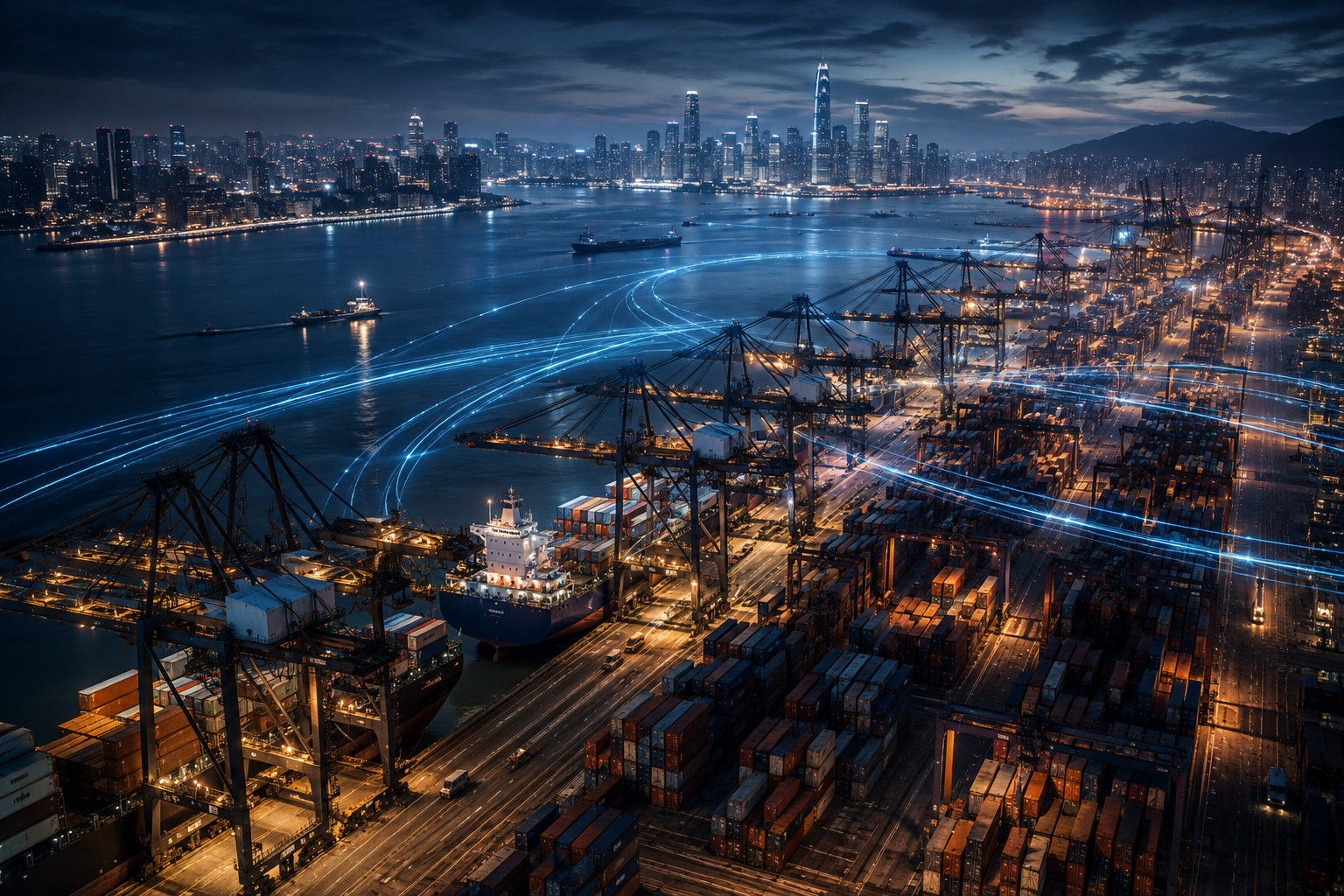 Blue-hour port illustration with illuminated international trade routes